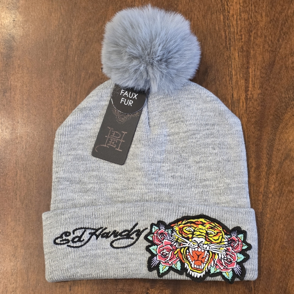 Ed Hardy Gray Beanie with Tiger and Rose Design Pom Pom NEW